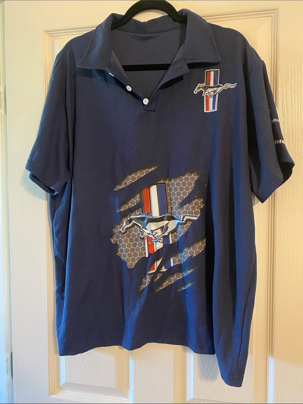 Ford Navy Polo with Mustang Emblems and Red-White-Blue Stripe